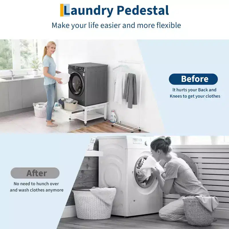 27-inch Washer Dryer Base Set (2 pieces), Metal Storage Rack with Pullout Basket, Shock Pad, Drain Tray and Hose, Black