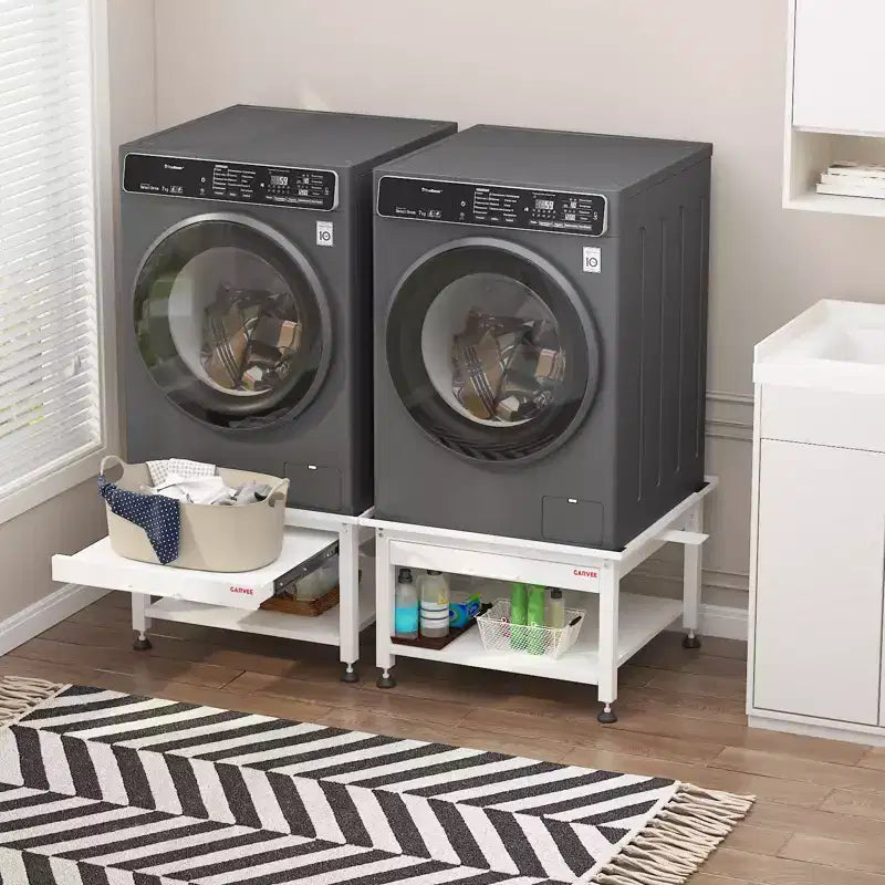 27-inch Washer Dryer Base Set (2 pieces), Metal Storage Rack with Pullout Basket, Shock Pad, Drain Tray and Hose, Black