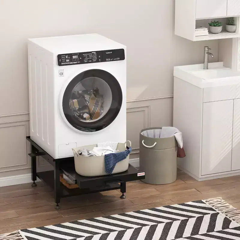 27-inch Washer Dryer Base Set (2 pieces), Metal Storage Rack with Pullout Basket, Shock Pad, Drain Tray and Hose, Black