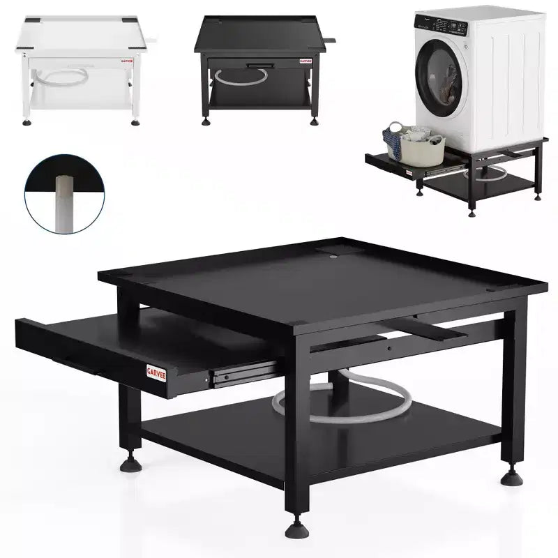 27-inch Washer Dryer Base Set (2 pieces), Metal Storage Rack with Pullout Basket, Shock Pad, Drain Tray and Hose, Black