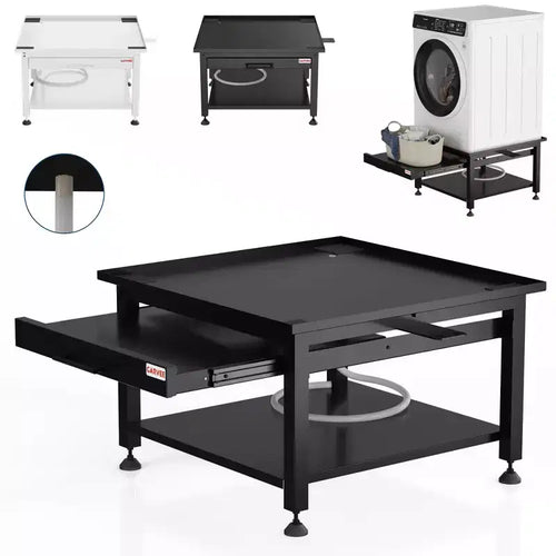 27-inch Washer Dryer Base Set (2 pieces), Metal Storage Rack with Pullout Basket, Shock Pad, Drain Tray and Hose, Black
