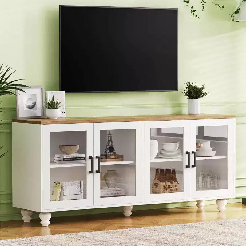 GDFStudio Wei 63 Farmhouse Wooden TV Stand with Tempered Glass Doors and Adjustable Shelves