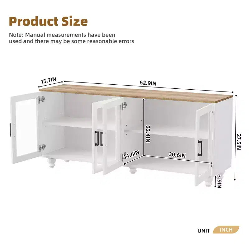 GDFStudio Wei 63 Farmhouse Wooden TV Stand with Tempered Glass Doors and Adjustable Shelves