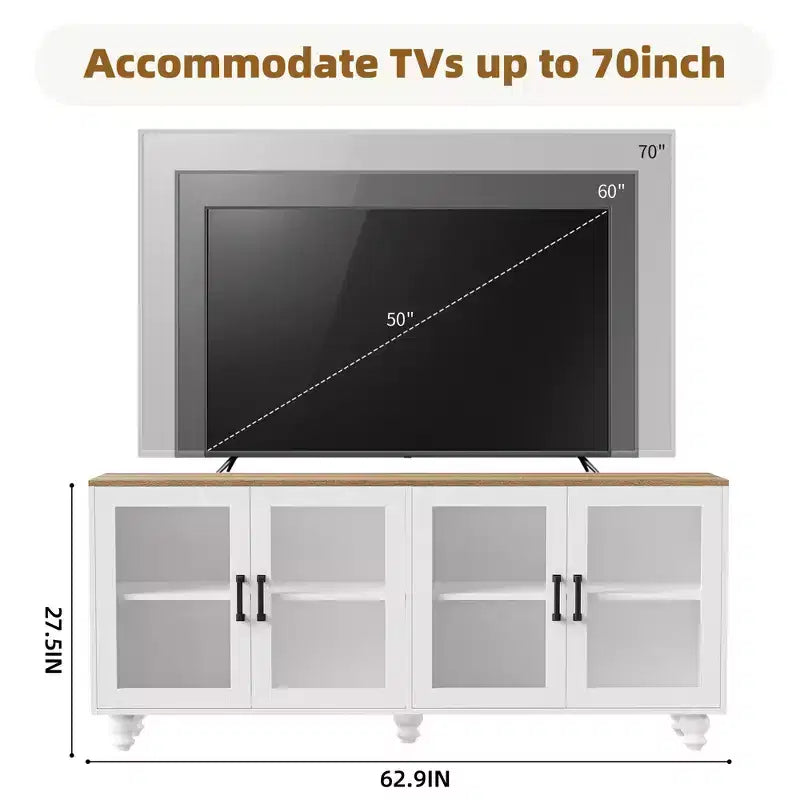 GDFStudio Wei 63 Farmhouse Wooden TV Stand with Tempered Glass Doors and Adjustable Shelves