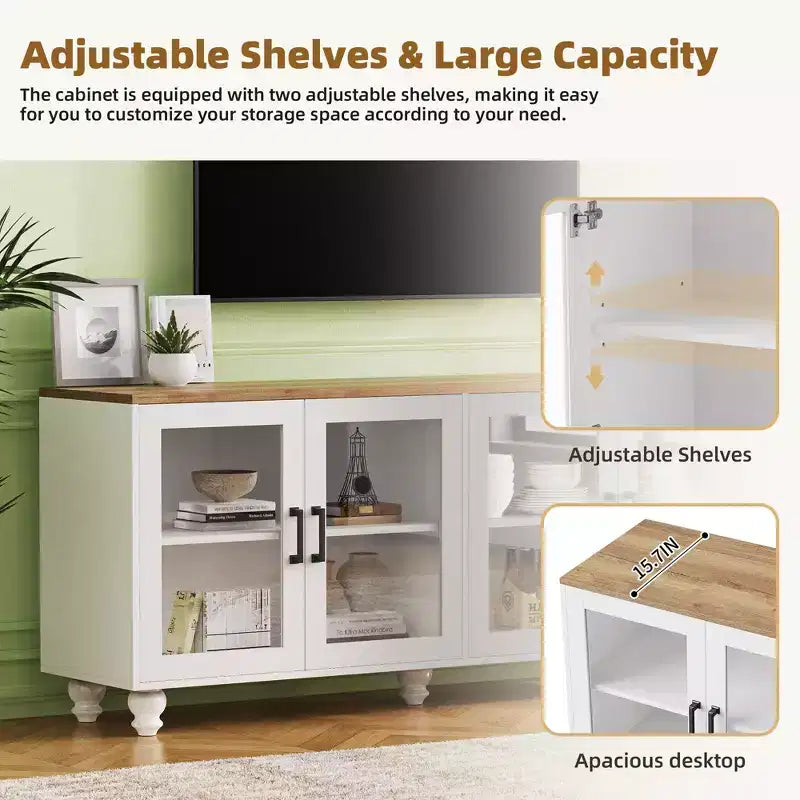 GDFStudio Wei 63 Farmhouse Wooden TV Stand with Tempered Glass Doors and Adjustable Shelves