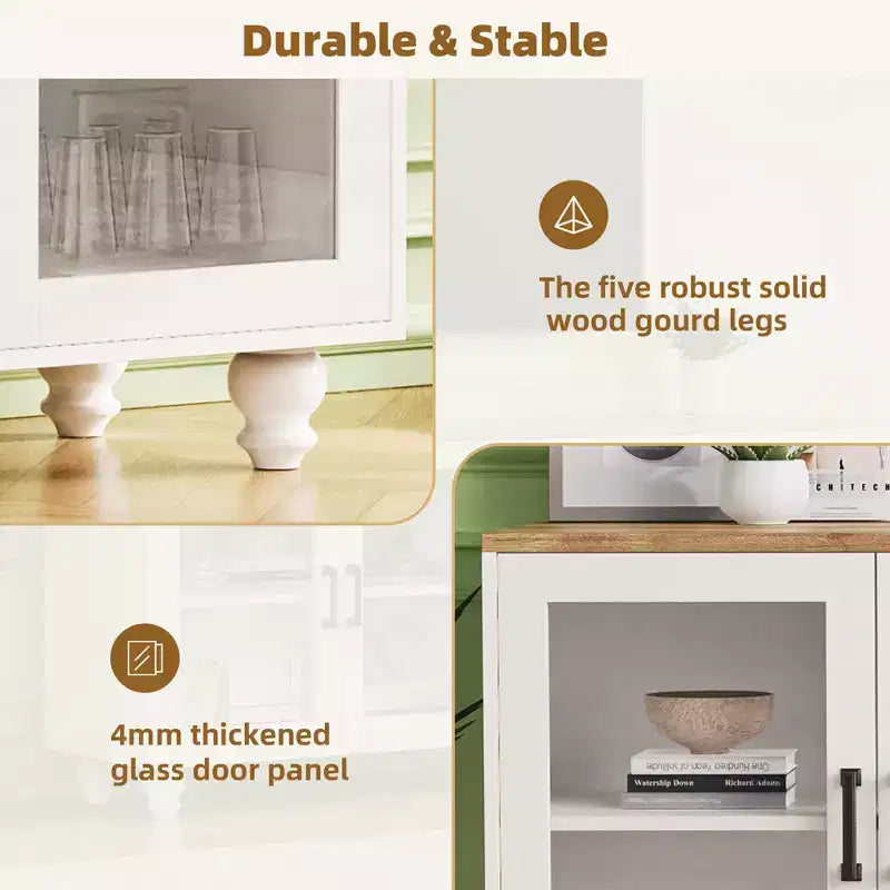 GDFStudio Wei 63 Farmhouse Wooden TV Stand with Tempered Glass Doors and Adjustable Shelves