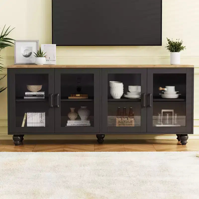 GDFStudio Wei 63 Farmhouse Wooden TV Stand with Tempered Glass Doors and Adjustable Shelves