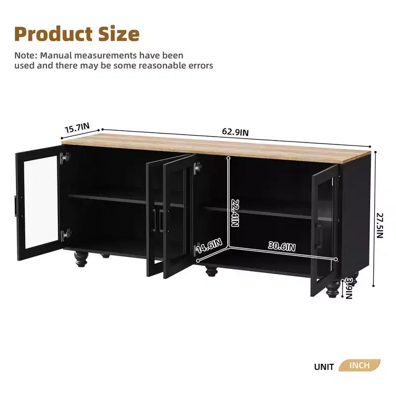 GDFStudio Wei 63 Farmhouse Wooden TV Stand with Tempered Glass Doors and Adjustable Shelves
