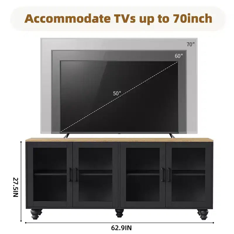 GDFStudio Wei 63 Farmhouse Wooden TV Stand with Tempered Glass Doors and Adjustable Shelves
