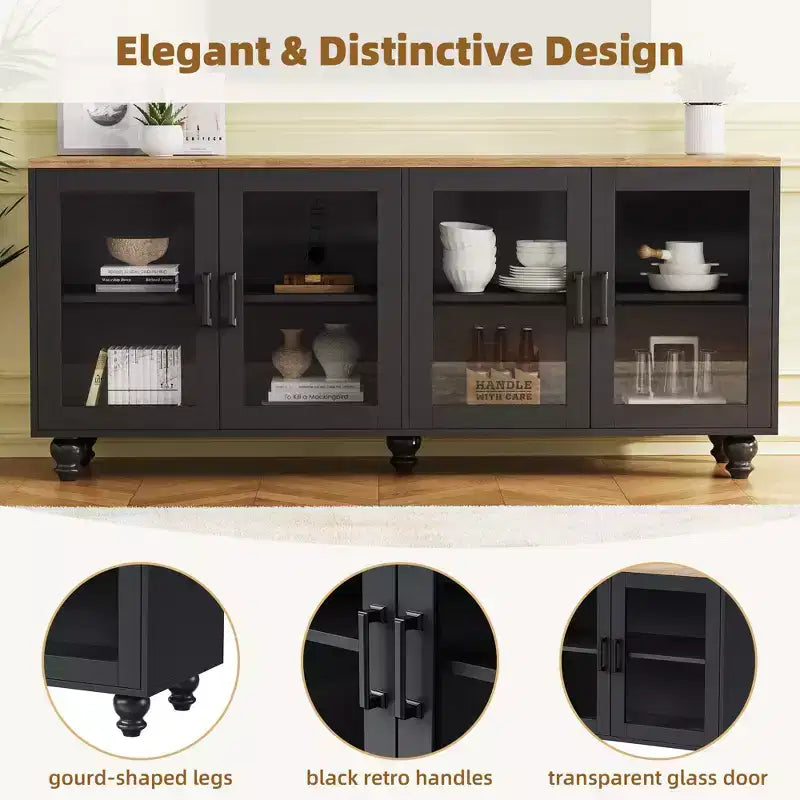 GDFStudio Wei 63 Farmhouse Wooden TV Stand with Tempered Glass Doors and Adjustable Shelves