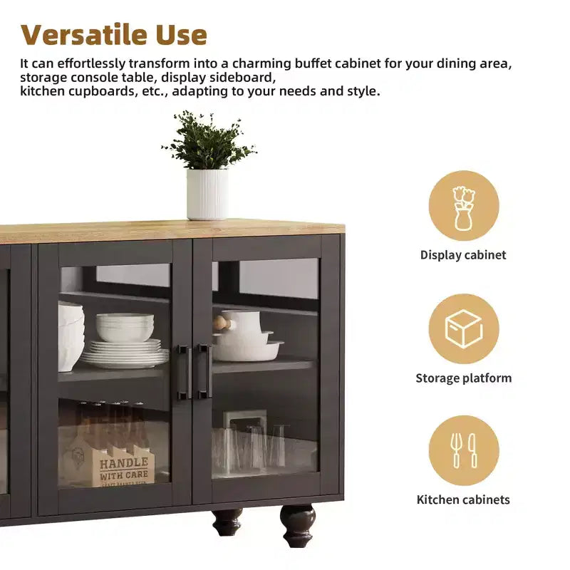 GDFStudio Wei 63 Farmhouse Wooden TV Stand with Tempered Glass Doors and Adjustable Shelves