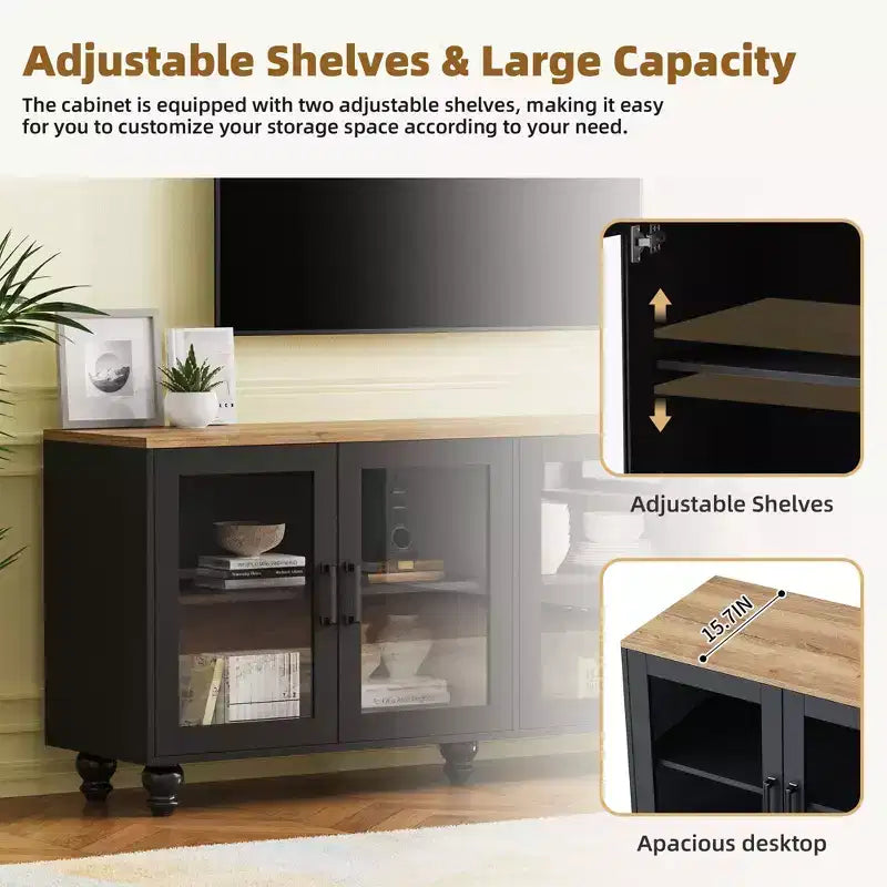 GDFStudio Wei 63 Farmhouse Wooden TV Stand with Tempered Glass Doors and Adjustable Shelves