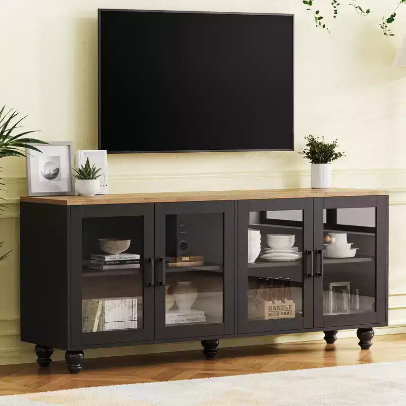 GDFStudio Wei 63 Farmhouse Wooden TV Stand with Tempered Glass Doors and Adjustable Shelves