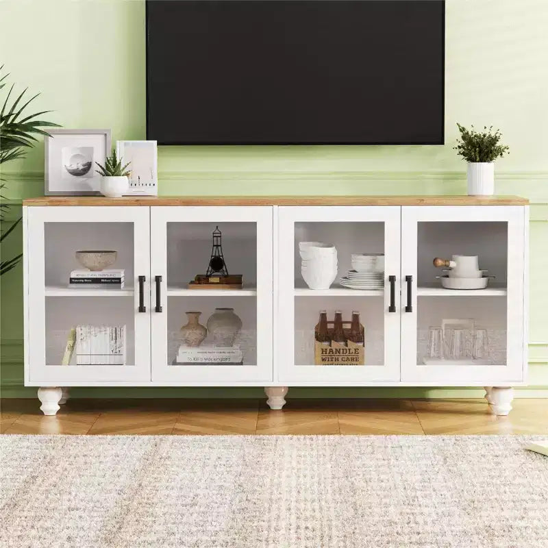 GDFStudio Wei 63 Farmhouse Wooden TV Stand with Tempered Glass Doors and Adjustable Shelves