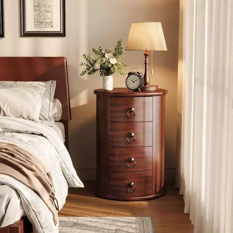 Lantine Small Side Table, Round Solid Wood End Table with Storage, Mid Century Modern Nightstand with 4 Drawers for Bedroom,No Assembly Required
