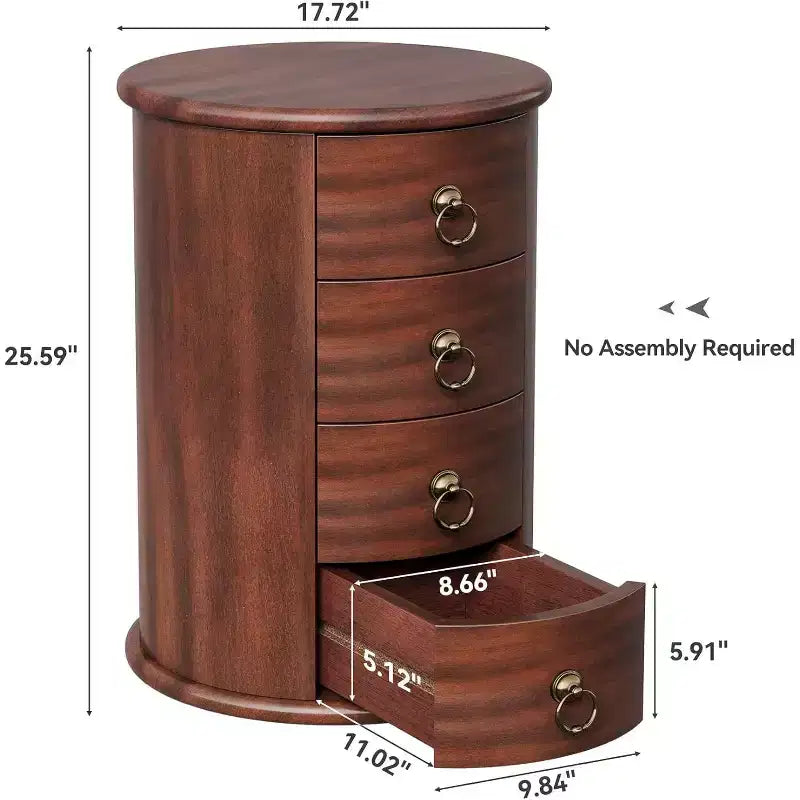 Lantine Small Side Table, Round Solid Wood End Table with Storage, Mid Century Modern Nightstand with 4 Drawers for Bedroom,No Assembly Required