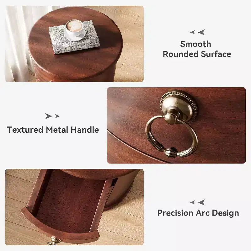 Lantine Small Side Table, Round Solid Wood End Table with Storage, Mid Century Modern Nightstand with 4 Drawers for Bedroom,No Assembly Required