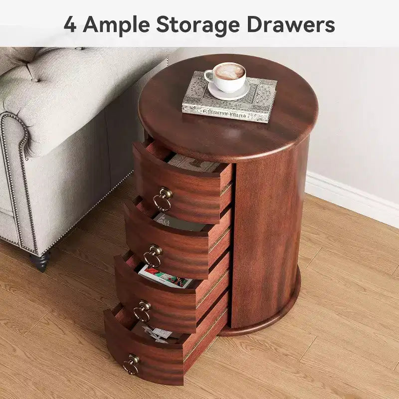 Lantine Small Side Table, Round Solid Wood End Table with Storage, Mid Century Modern Nightstand with 4 Drawers for Bedroom,No Assembly Required