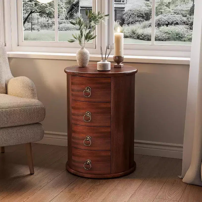 Lantine Small Side Table, Round Solid Wood End Table with Storage, Mid Century Modern Nightstand with 4 Drawers for Bedroom,No Assembly Required