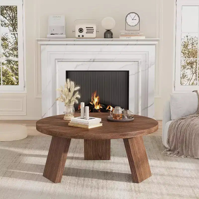 33.5 Round Coffee Table, Modern Wood Center Table with 3 Sturdy Legs for Small Spaces, Easy Assembly