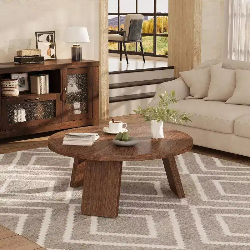 33.5 Round Coffee Table, Modern Wood Center Table with 3 Sturdy Legs for Small Spaces, Easy Assembly
