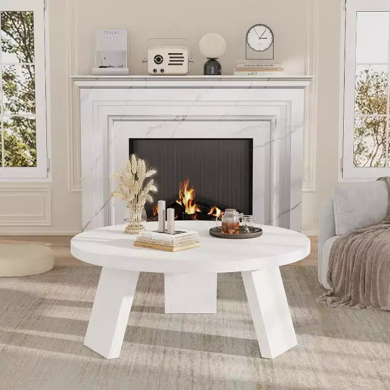 33.5 Round Coffee Table, Modern Wood Center Table with 3 Sturdy Legs for Small Spaces, Easy Assembly