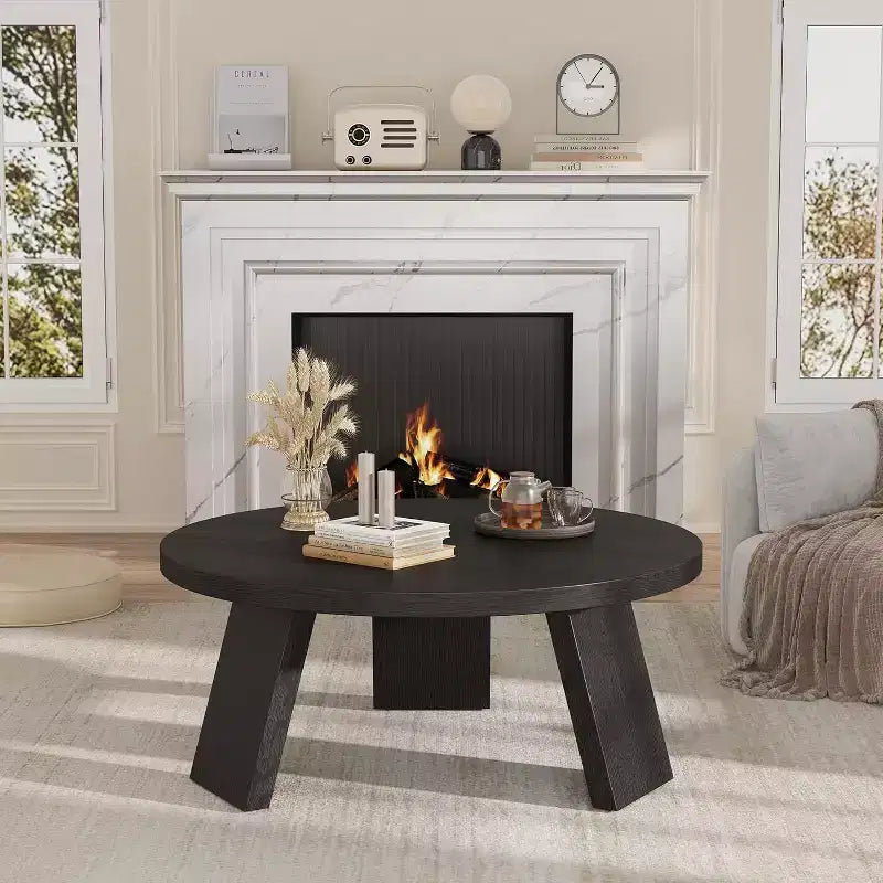 33.5 Round Coffee Table, Modern Wood Center Table with 3 Sturdy Legs for Small Spaces, Easy Assembly