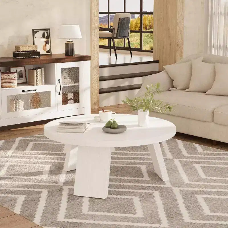 33.5 Round Coffee Table, Modern Wood Center Table with 3 Sturdy Legs for Small Spaces, Easy Assembly