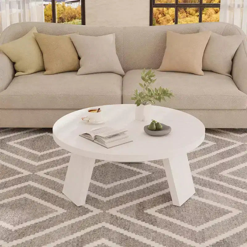 33.5 Round Coffee Table, Modern Wood Center Table with 3 Sturdy Legs for Small Spaces, Easy Assembly