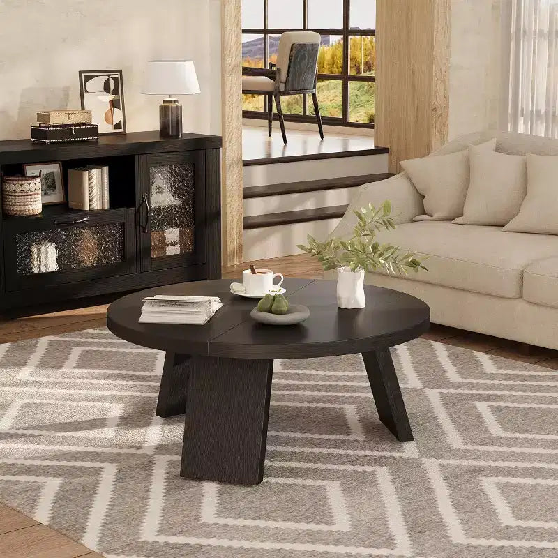 33.5 Round Coffee Table, Modern Wood Center Table with 3 Sturdy Legs for Small Spaces, Easy Assembly