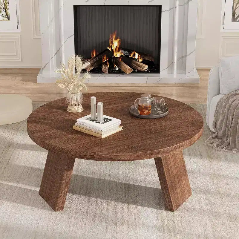 33.5 Round Coffee Table, Modern Wood Center Table with 3 Sturdy Legs for Small Spaces, Easy Assembly
