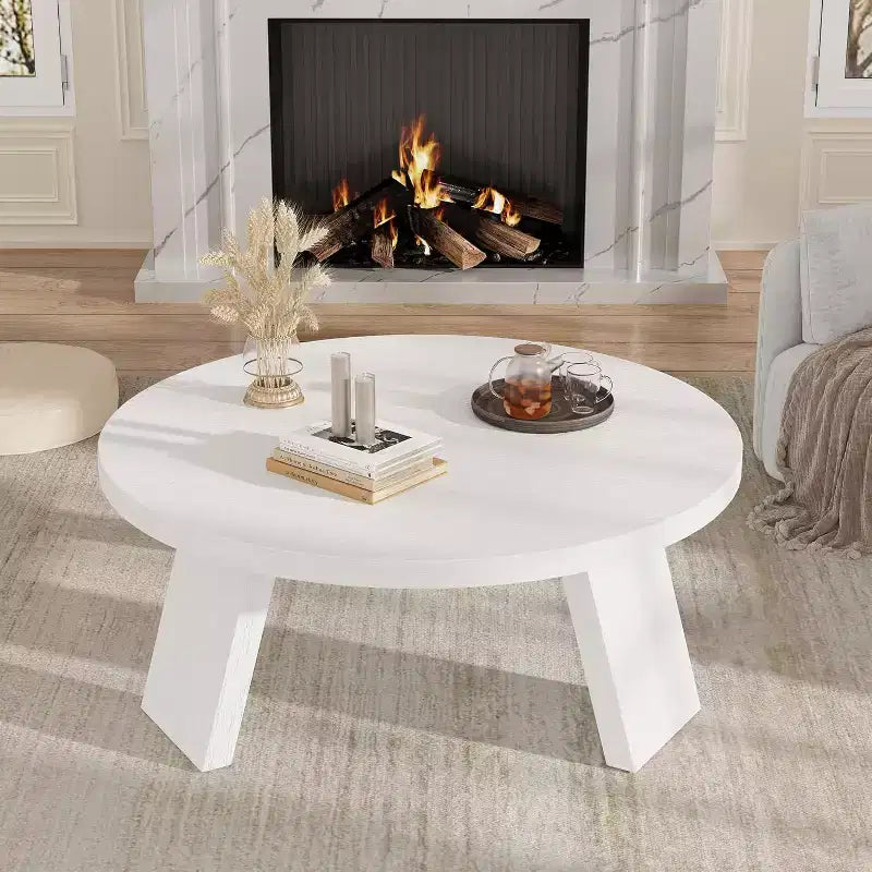 33.5 Round Coffee Table, Modern Wood Center Table with 3 Sturdy Legs for Small Spaces, Easy Assembly