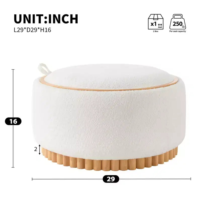 Whisen 29 Round Storage Ottoman, Modern Coffee Table, Boucle Fabric Footrest with Wood Frame, No Assembly Required