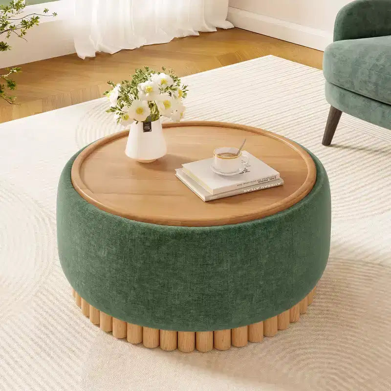 Whisen 29 Round Storage Ottoman, Modern Coffee Table, Boucle Fabric Footrest with Wood Frame, No Assembly Required