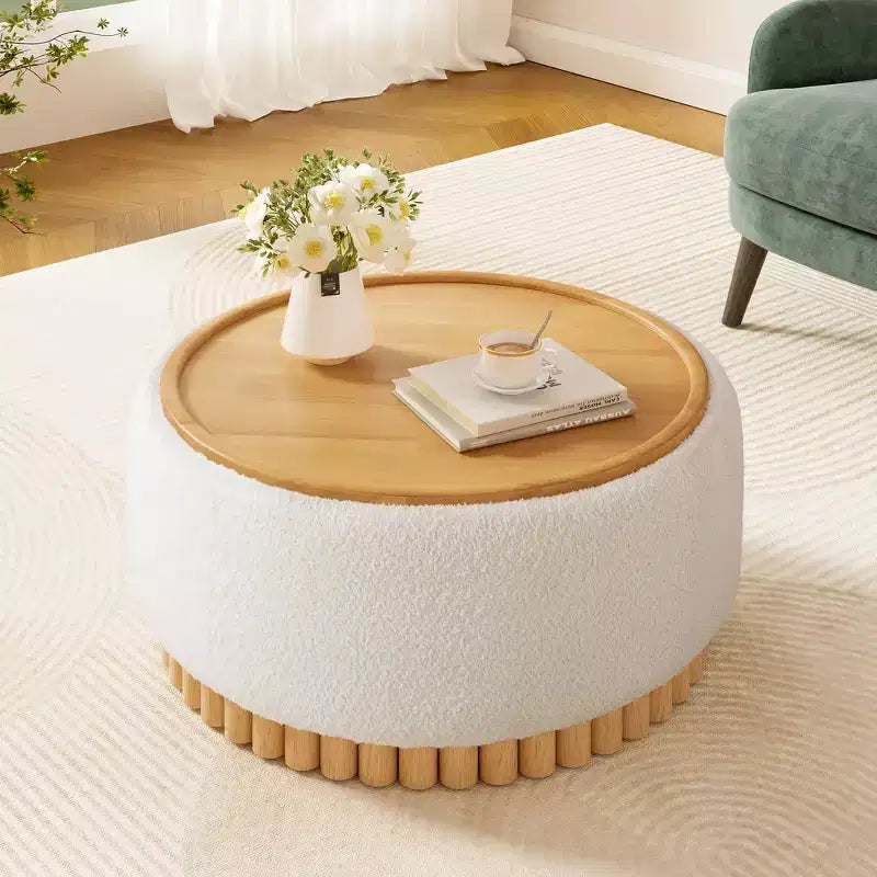 Whisen 29 Round Storage Ottoman, Modern Coffee Table, Boucle Fabric Footrest with Wood Frame, No Assembly Required