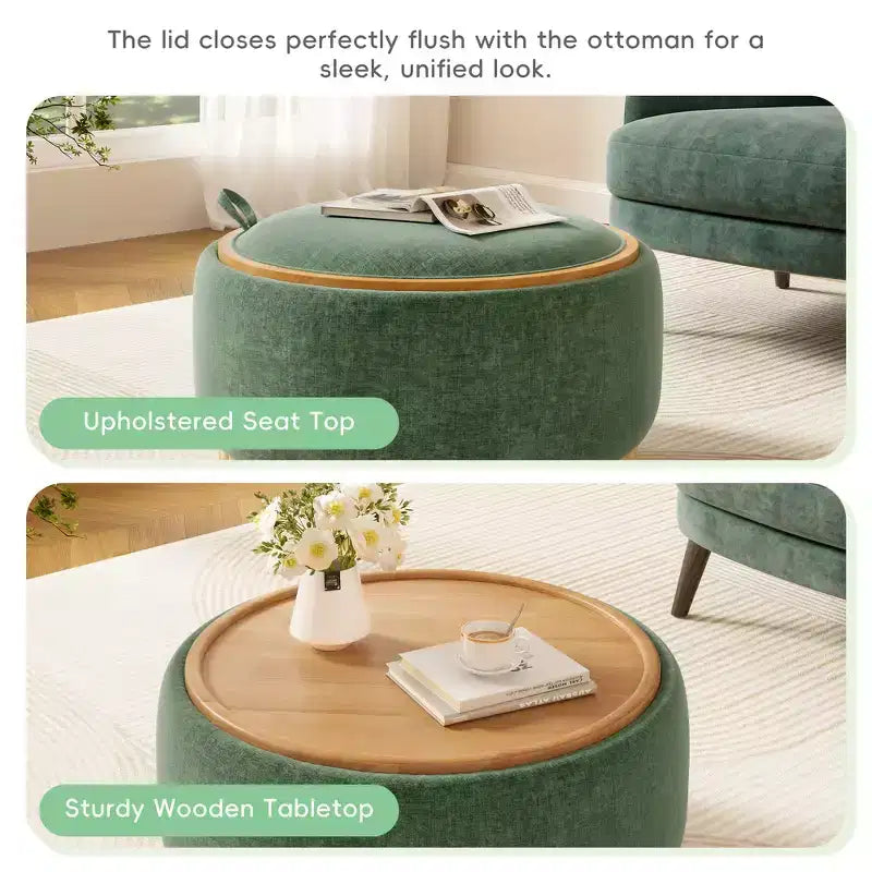 Whisen 29 Round Storage Ottoman, Modern Coffee Table, Boucle Fabric Footrest with Wood Frame, No Assembly Required