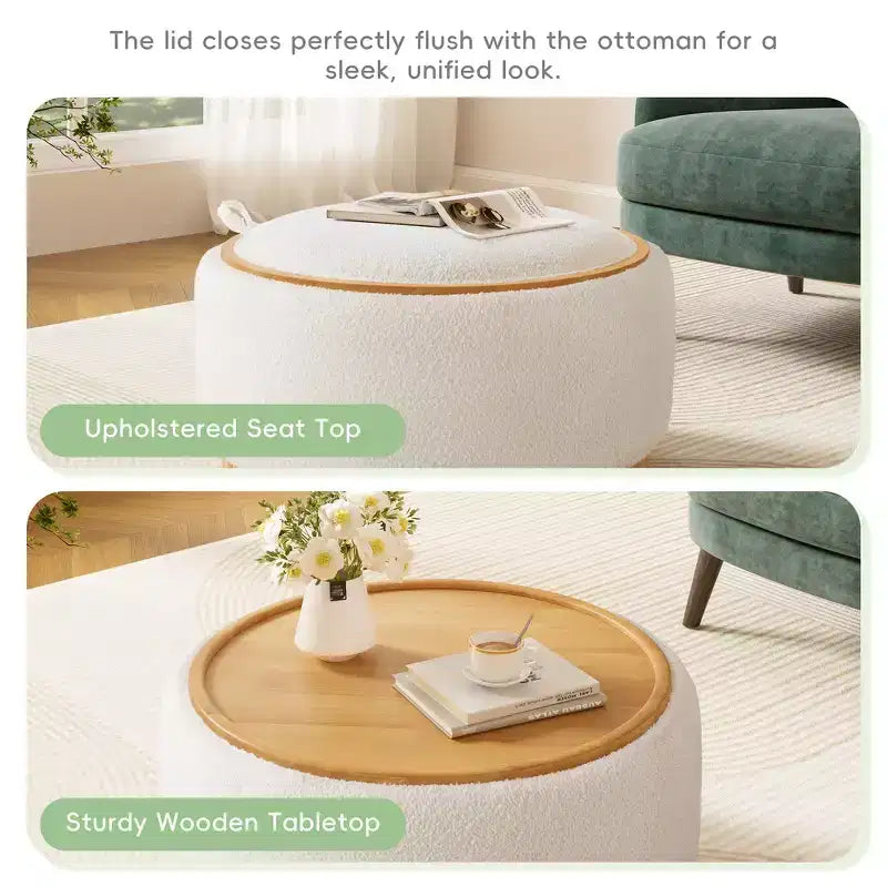 Whisen 29 Round Storage Ottoman, Modern Coffee Table, Boucle Fabric Footrest with Wood Frame, No Assembly Required