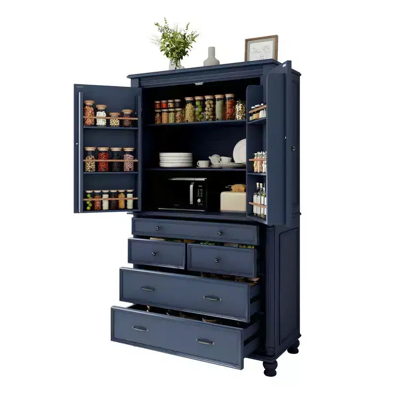 Whisen Large Kitchen Pantry, Tall Storage Cabinet Cupboard, Buffets with 6 Door Shelves, 2 Adjustable Shelves and 5 Drawers