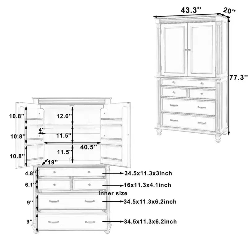 Whisen Large Kitchen Pantry, Tall Storage Cabinet Cupboard, Buffets with 6 Door Shelves, 2 Adjustable Shelves and 5 Drawers