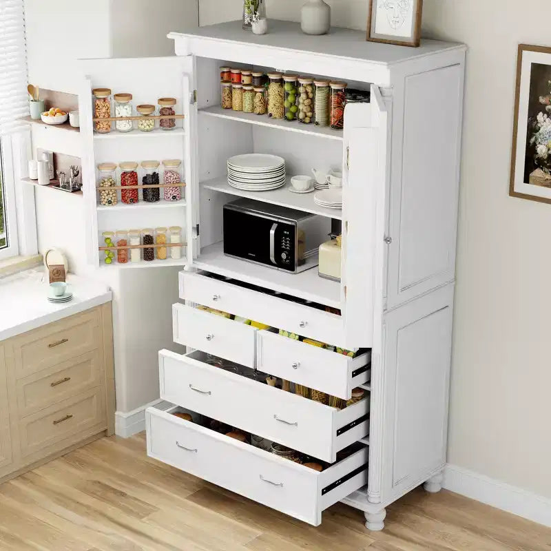 Whisen Large Kitchen Pantry, Tall Storage Cabinet Cupboard, Buffets with 6 Door Shelves, 2 Adjustable Shelves and 5 Drawers