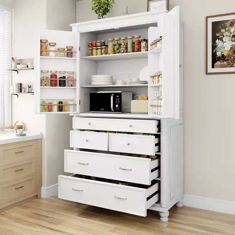 Whisen Large Kitchen Pantry, Tall Storage Cabinet Cupboard, Buffets with 6 Door Shelves, 2 Adjustable Shelves and 5 Drawers