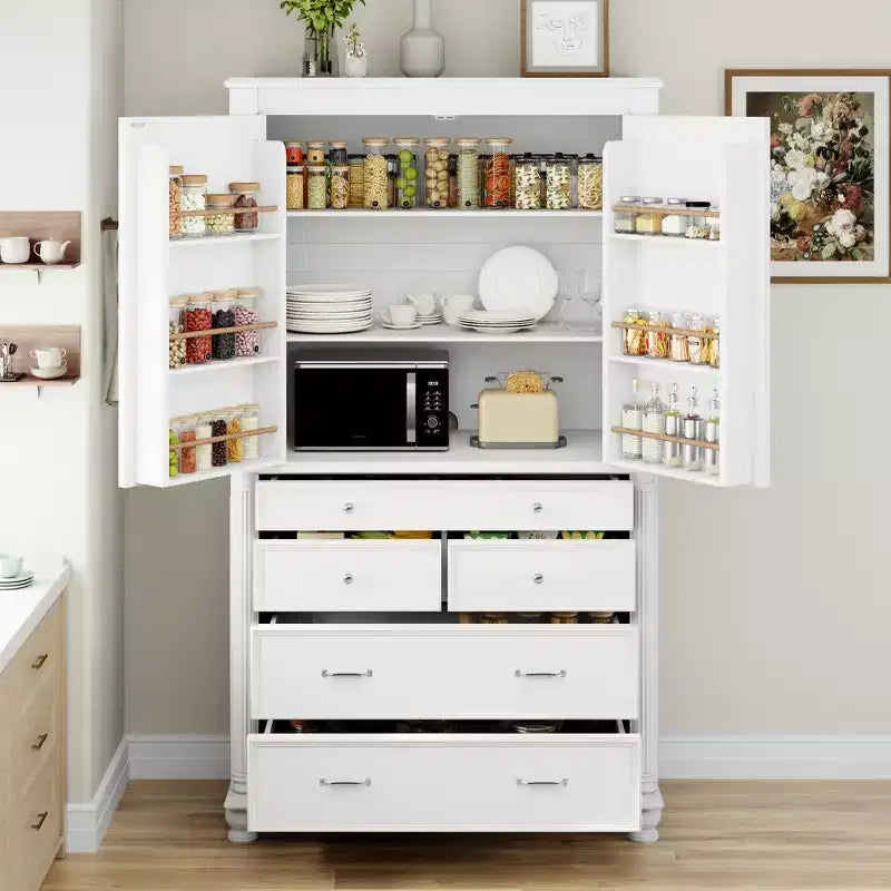 Whisen Large Kitchen Pantry, Tall Storage Cabinet Cupboard, Buffets with 6 Door Shelves, 2 Adjustable Shelves and 5 Drawers