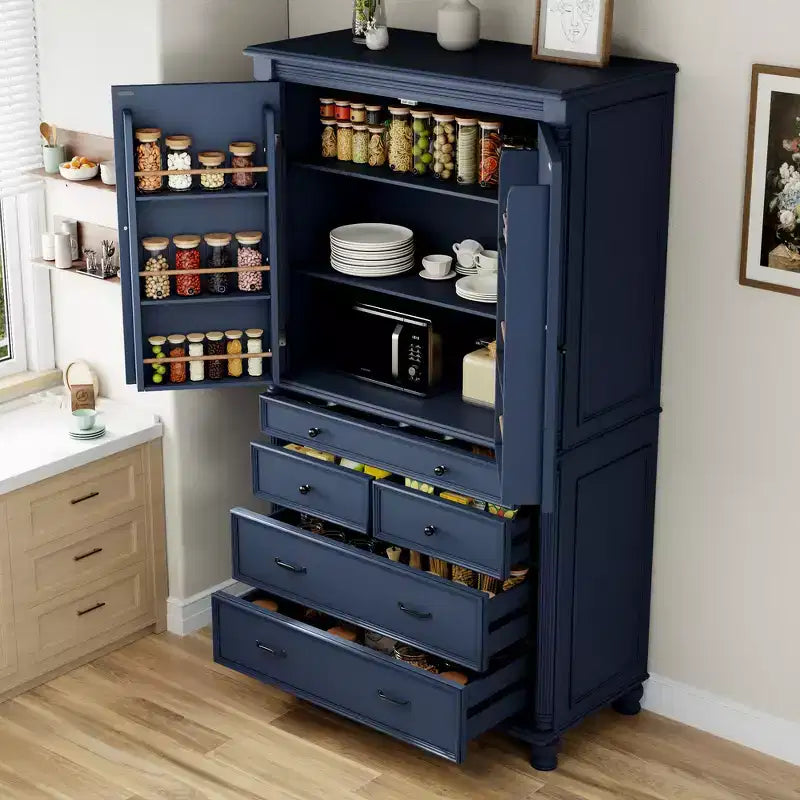 Whisen Large Kitchen Pantry, Tall Storage Cabinet Cupboard, Buffets with 6 Door Shelves, 2 Adjustable Shelves and 5 Drawers