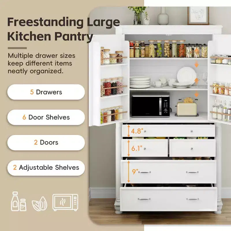 Whisen Large Kitchen Pantry, Tall Storage Cabinet Cupboard, Buffets with 6 Door Shelves, 2 Adjustable Shelves and 5 Drawers