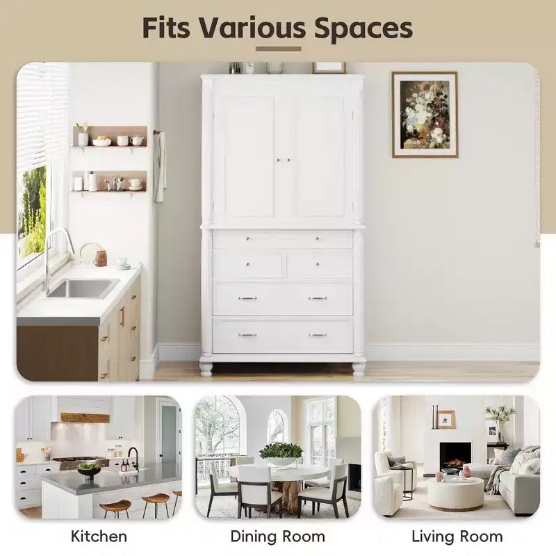 Whisen Large Kitchen Pantry, Tall Storage Cabinet Cupboard, Buffets with 6 Door Shelves, 2 Adjustable Shelves and 5 Drawers