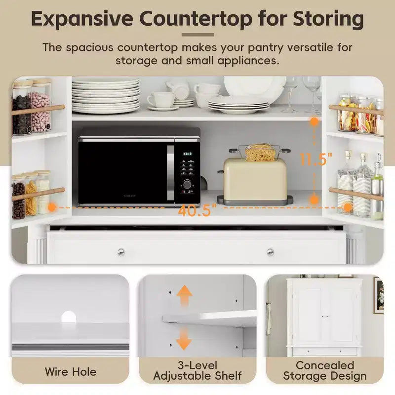 Whisen Large Kitchen Pantry, Tall Storage Cabinet Cupboard, Buffets with 6 Door Shelves, 2 Adjustable Shelves and 5 Drawers