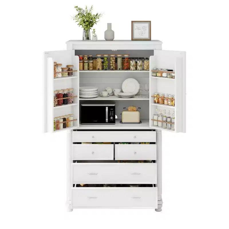 Whisen Large Kitchen Pantry, Tall Storage Cabinet Cupboard, Buffets with 6 Door Shelves, 2 Adjustable Shelves and 5 Drawers