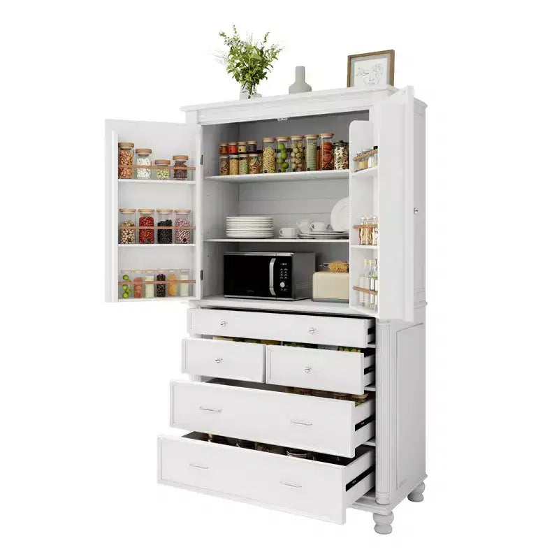 Whisen Large Kitchen Pantry, Tall Storage Cabinet Cupboard, Buffets with 6 Door Shelves, 2 Adjustable Shelves and 5 Drawers