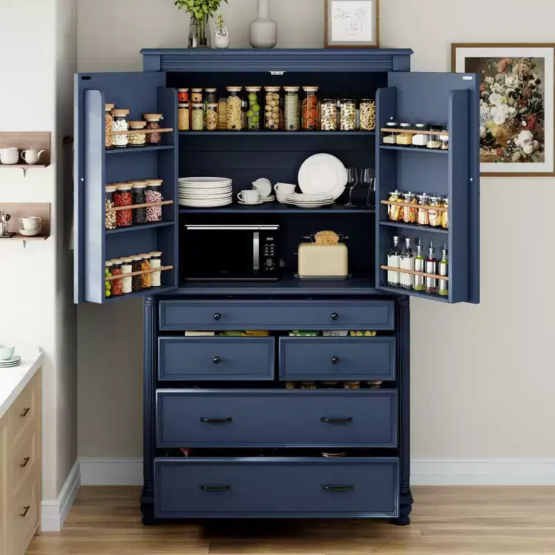 Whisen Large Kitchen Pantry, Tall Storage Cabinet Cupboard, Buffets with 6 Door Shelves, 2 Adjustable Shelves and 5 Drawers