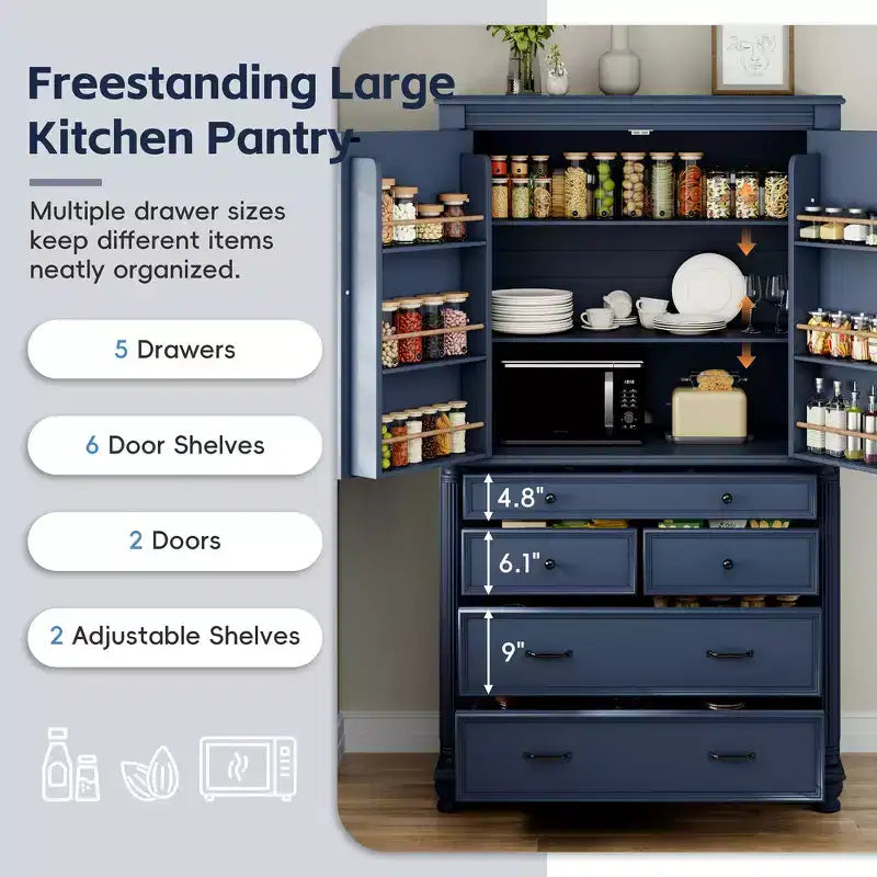 Whisen Large Kitchen Pantry, Tall Storage Cabinet Cupboard, Buffets with 6 Door Shelves, 2 Adjustable Shelves and 5 Drawers